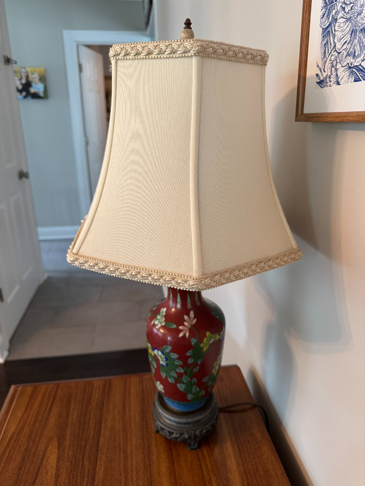 Vintage Cloisonné Table Lamp with Fabric Shade